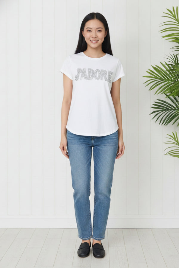 Sparkly Embellished J'Adore T-Shirt | WHITE