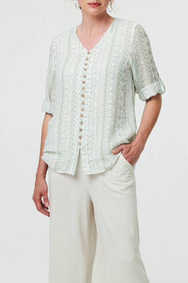 SAGE | Printed V-Neck Turn-Up 3/4 Sleeve Blouse