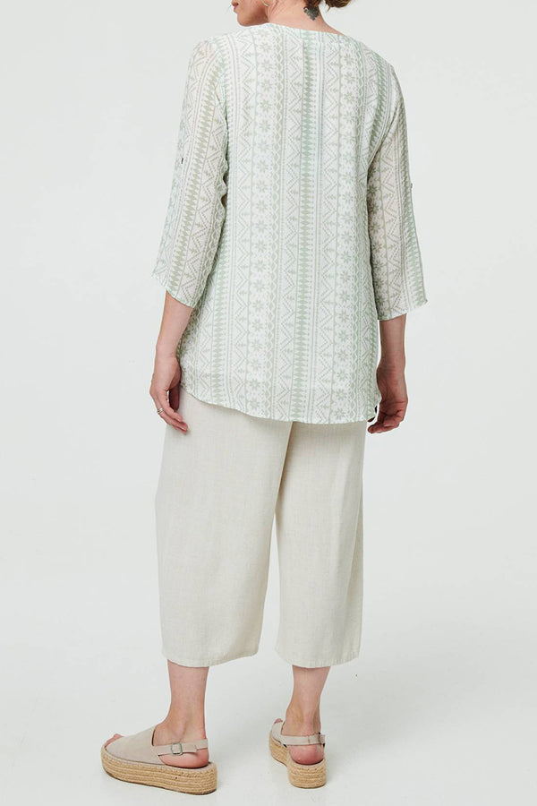 SAGE | Printed V-Neck Turn-Up 3/4 Sleeve Blouse