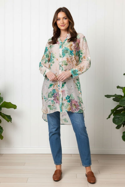 Floral Long Sleeve Sheer Longline Shirt
