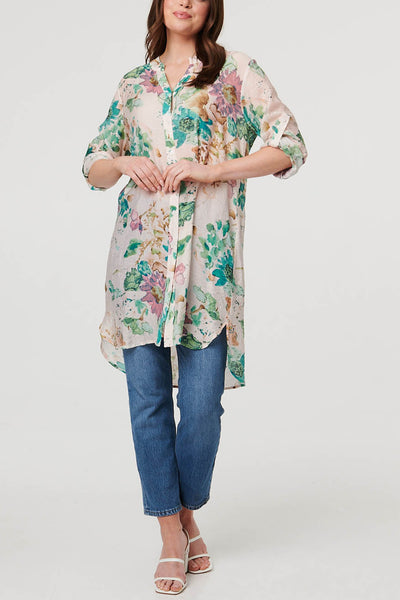 Floral Long Sleeve Sheer Longline Shirt| GREEN