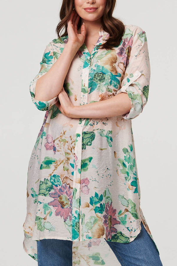 Floral Long Sleeve Sheer Longline Shirt| GREEN