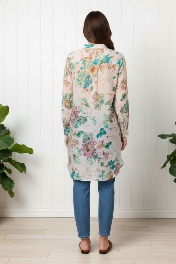 Floral Long Sleeve Sheer Longline Shirt