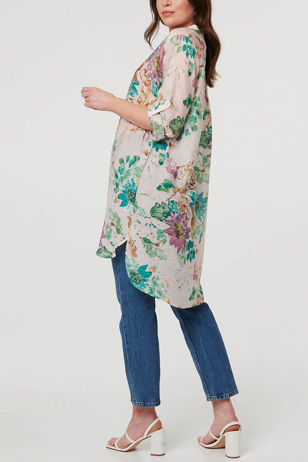 Floral Long Sleeve Sheer Longline Shirt| GREEN