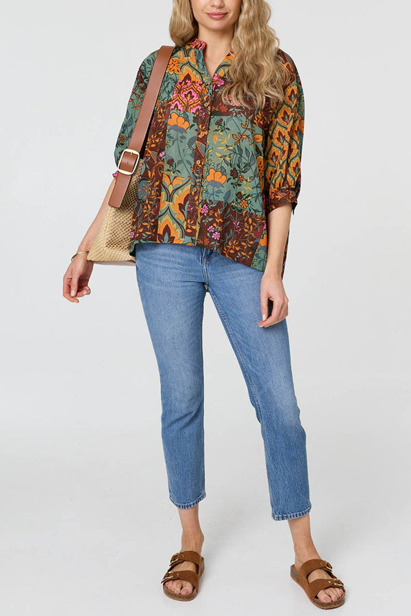 Patchwork Print 3/4 Sleeve Blouse| MULTI SAGE