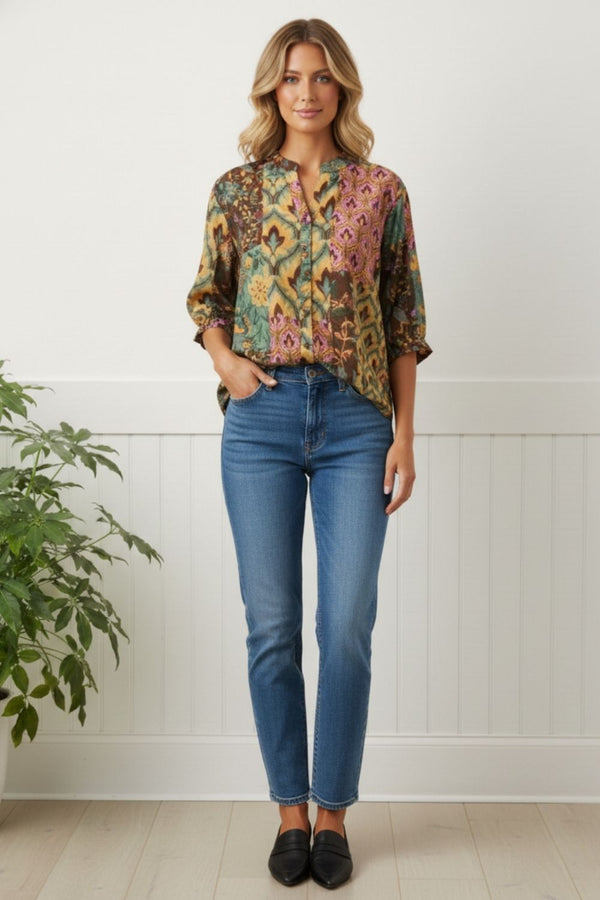 Patchwork Print 3/4 Sleeve Blouse