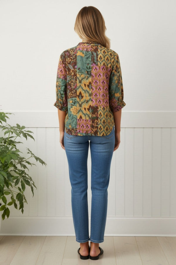 Patchwork Print 3/4 Sleeve Blouse