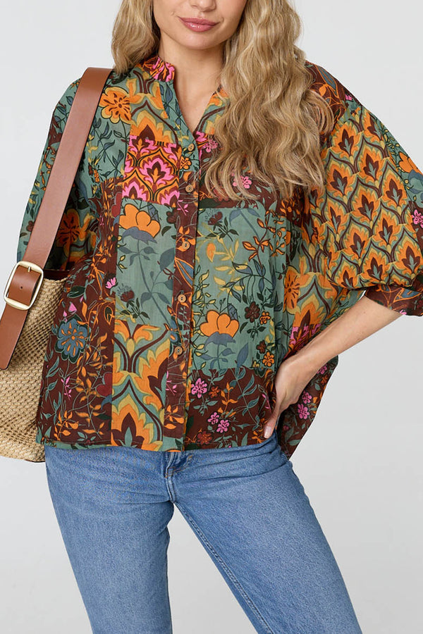 Patchwork Print 3/4 Sleeve Blouse| MULTI SAGE