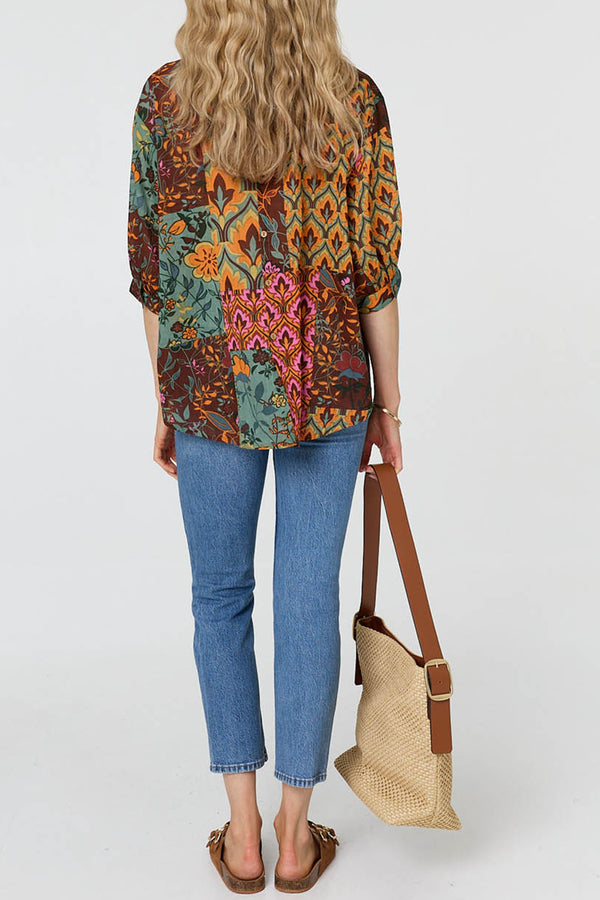 Patchwork Print 3/4 Sleeve Blouse| MULTI SAGE