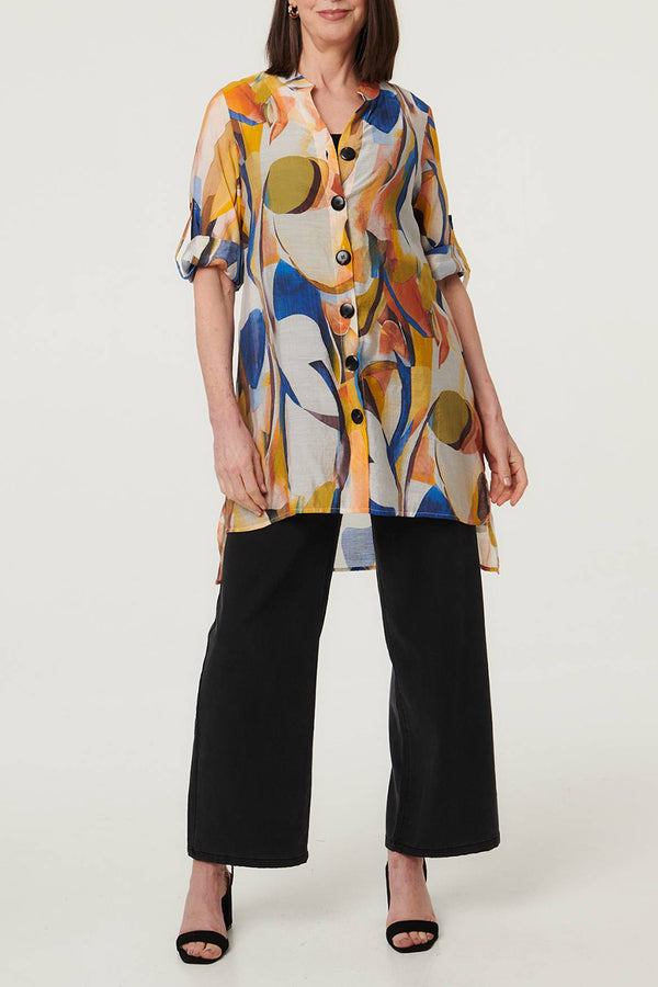 Abstract Semi Sheer Longline Shirt| YELLOW