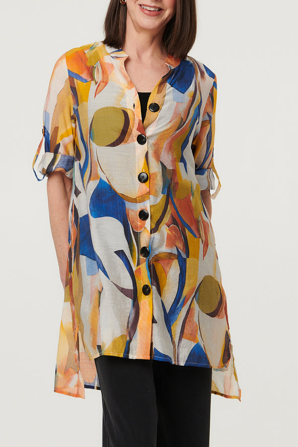 Abstract Semi Sheer Longline Shirt| YELLOW