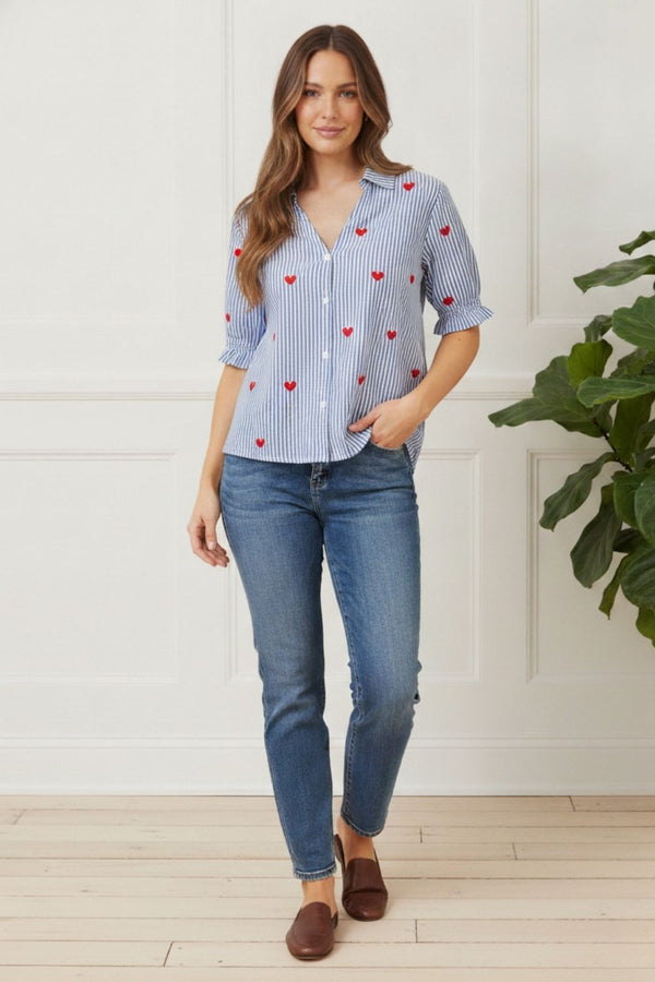 Striped Heart Print Long Sleeve Shirt | BLUE