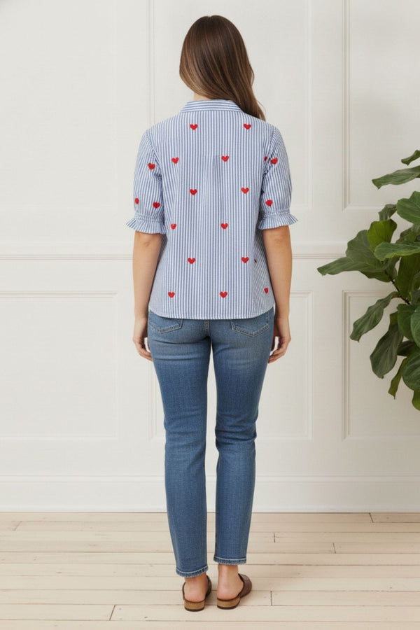 Striped Heart Print Long Sleeve Shirt | BLUE