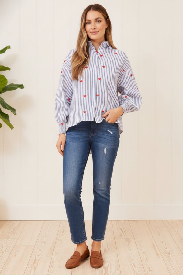 Striped Heart Print Long Sleeve Shirt | BLUE