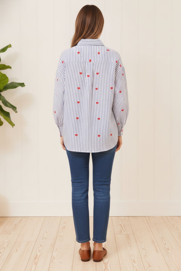 Striped Heart Print Long Sleeve Shirt | BLUE