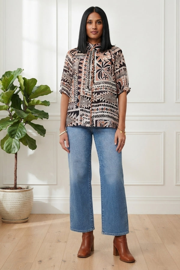 Abstract 1/2 Sleeve Collarless Shirt| MULTI BROWN