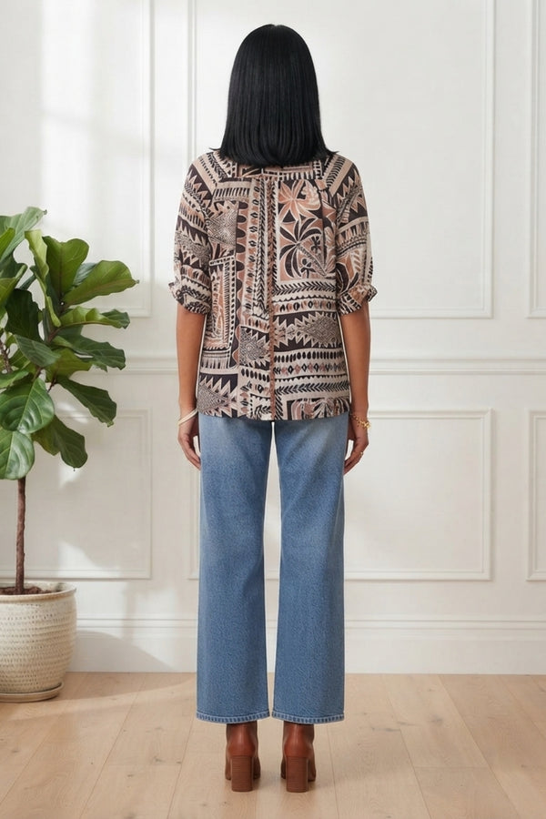 Abstract 1/2 Sleeve Collarless Shirt| MULTI BROWN