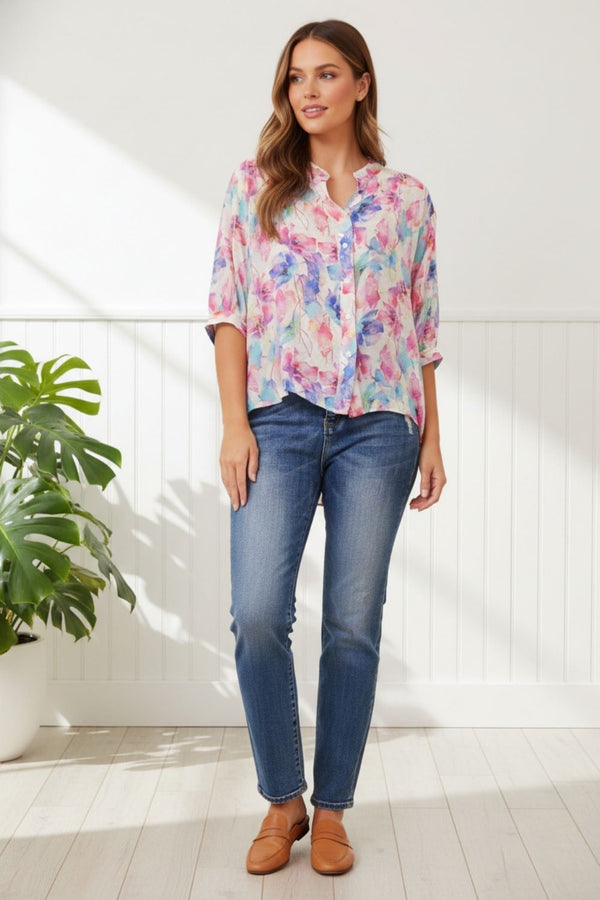 Floral Button Detail 3/4 Sleeve Blouse| MULTI PINK