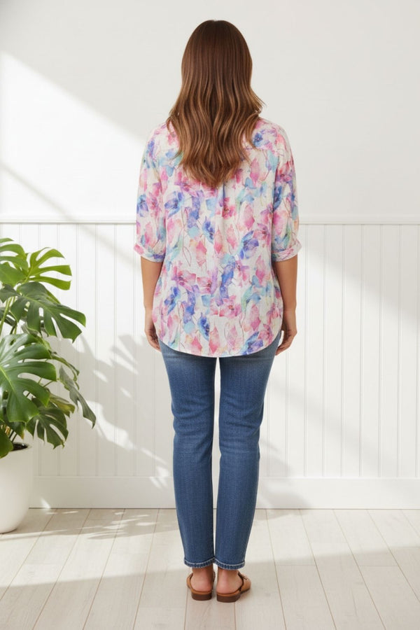Floral Button Detail 3/4 Sleeve Blouse| MULTI PINK
