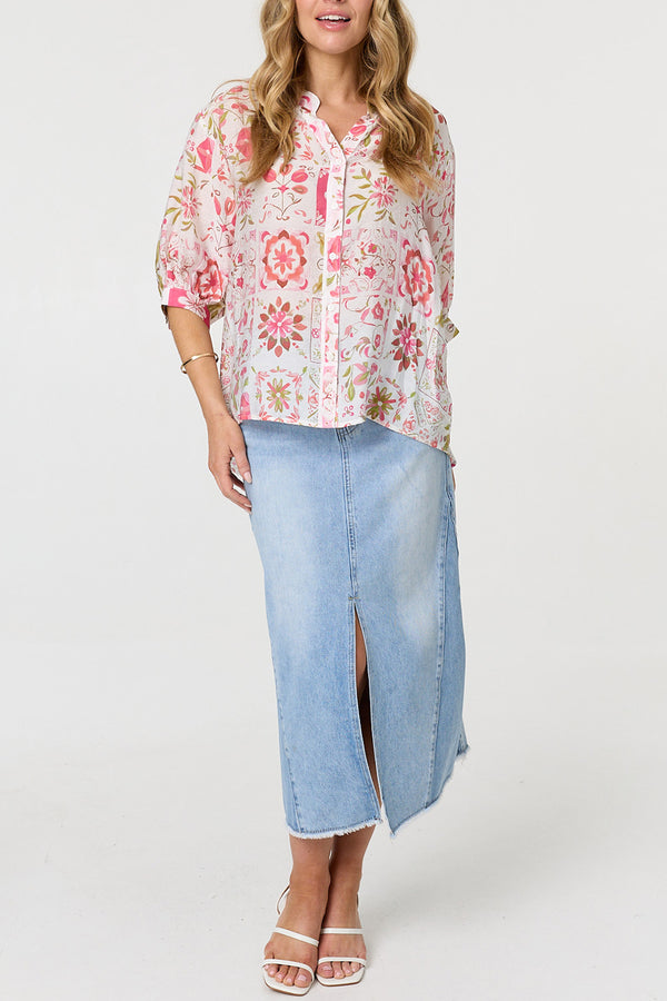 Floral 1/2 Sleeve Curve Hem Blouse| PINK