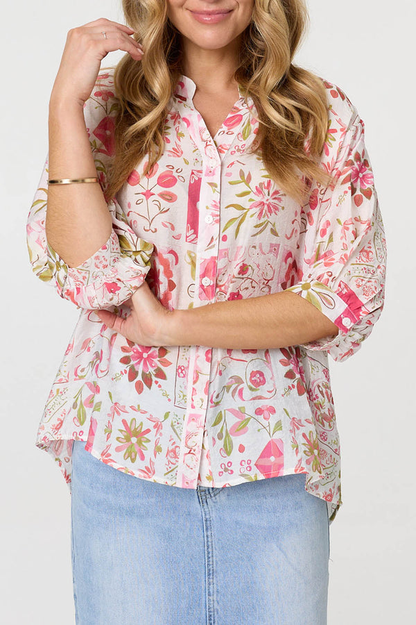 Floral 1/2 Sleeve Curve Hem Blouse| PINK
