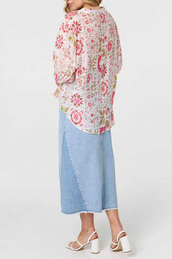 Floral 1/2 Sleeve Curve Hem Blouse| PINK