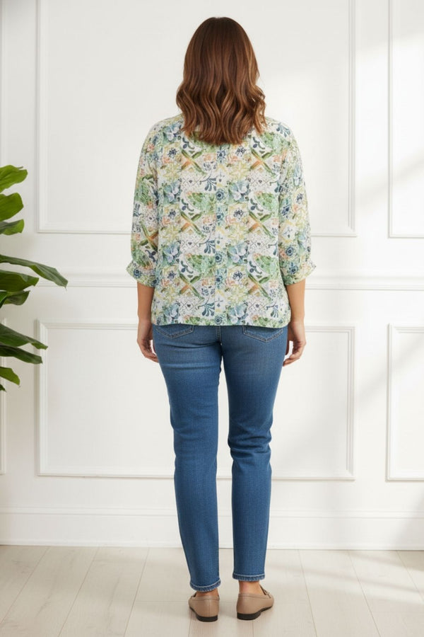Printed 3/4 Sleeve Button Back Blouse| GREEN