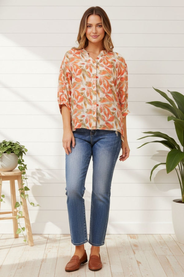 Leaf Print 3/4 Sleeve Button Back Blouse| MULTI_ORANGE