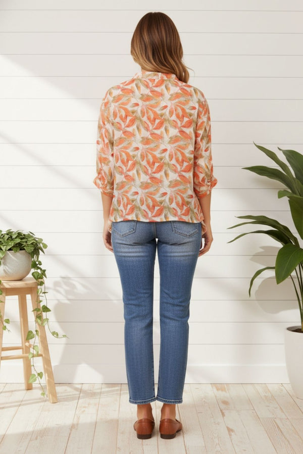 Leaf Print 3/4 Sleeve Button Back Blouse| MULTI_ORANGE