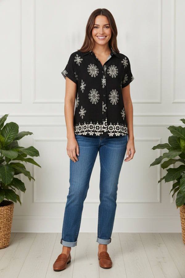 Border Print Short Sleeve Relaxed Shirt| BLACK