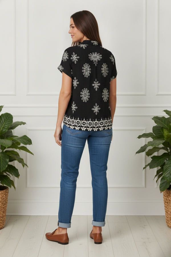 Border Print Short Sleeve Relaxed Shirt| BLACK