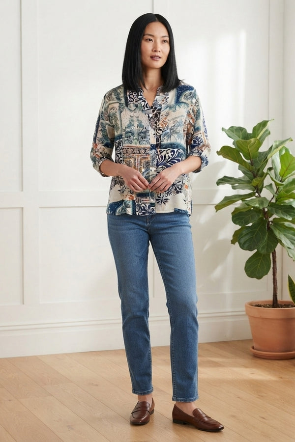 Patchwork 3/4 Sleeve Relaxed Blouse| MULTIBLUE