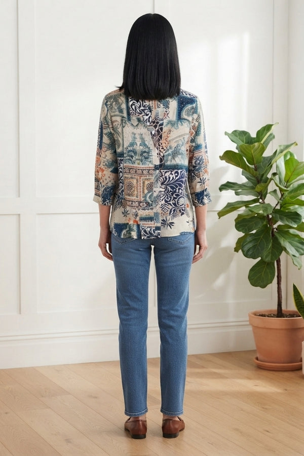 Patchwork 3/4 Sleeve Relaxed Blouse| MULTIBLUE