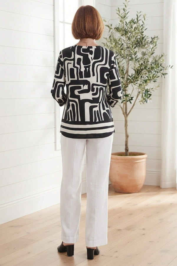 Abstract 3/4 Sleeve Collarless Blouse| MULTI BLACK