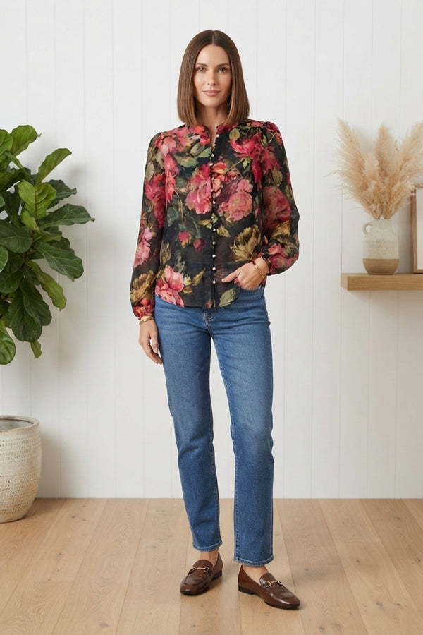 Floral Semi Sheer Long Sleeve Blouse| BLACK