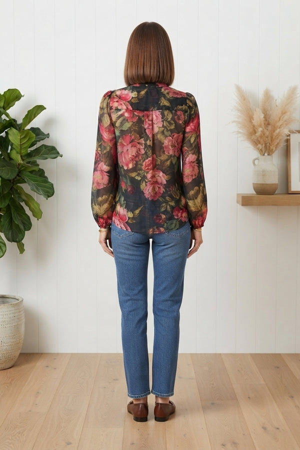 Floral Semi Sheer Long Sleeve Blouse| BLACK
