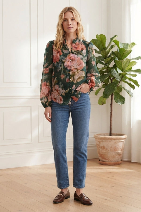 Floral Semi Sheer Long Sleeve Blouse| EMERALD