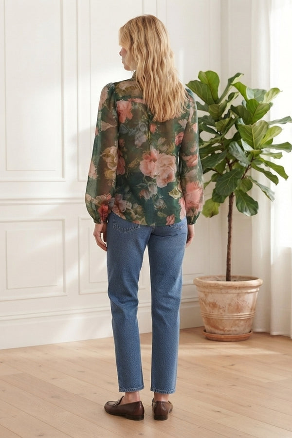 Floral Semi Sheer Long Sleeve Blouse| EMERALD