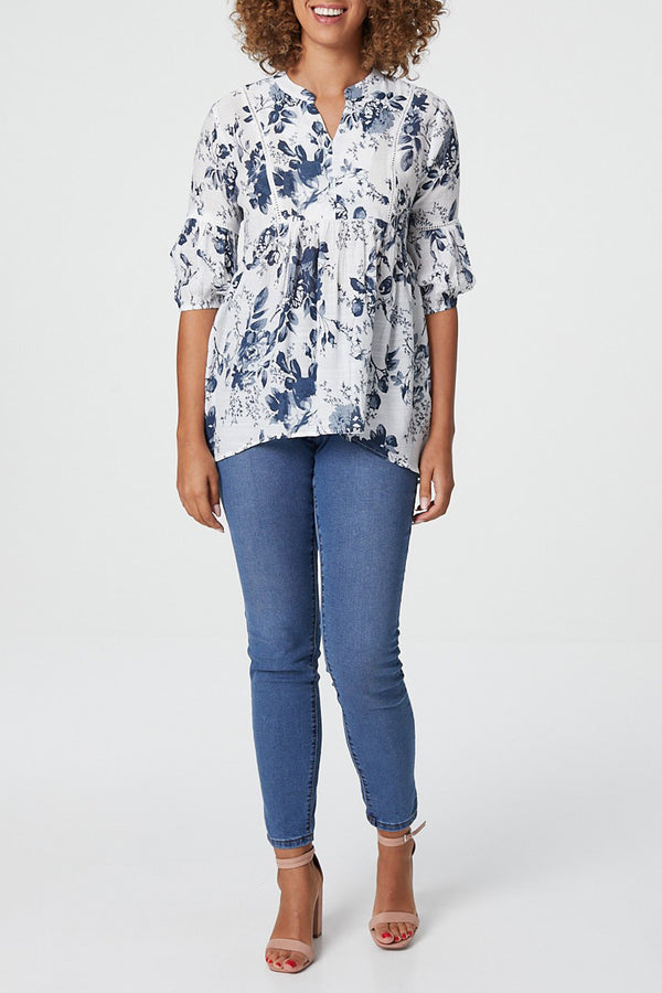 NAVY | Floral 1/2 Frill Sleeve Relaxed Blouse