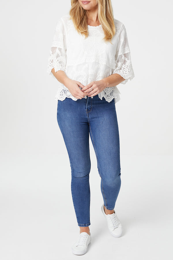 WHITE | Embroidered Lace 3/4 Sleeve Top