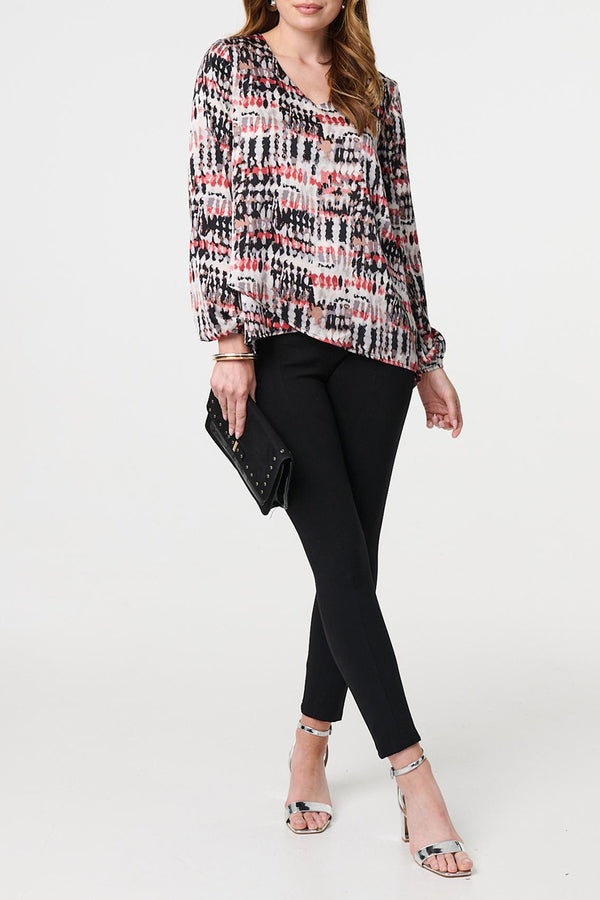 CORAL | Printed Asymmetric Long Sleeve V-Neck Top