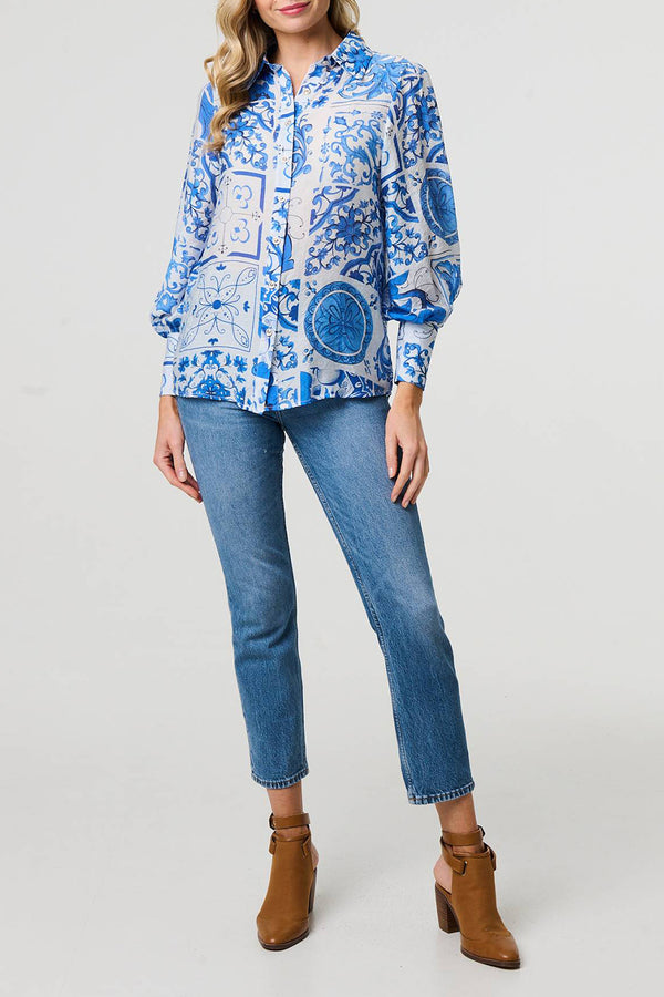 MULTI BLUE | Mosaic Print Long Puff Sleeve Shirt