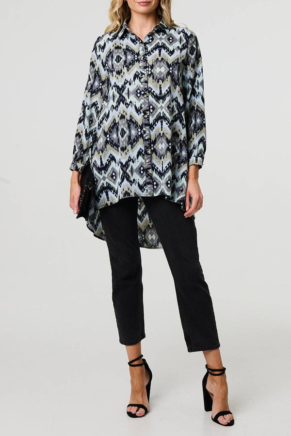 MULTI BLACK | Printed Long Sleeve High Low Shirt