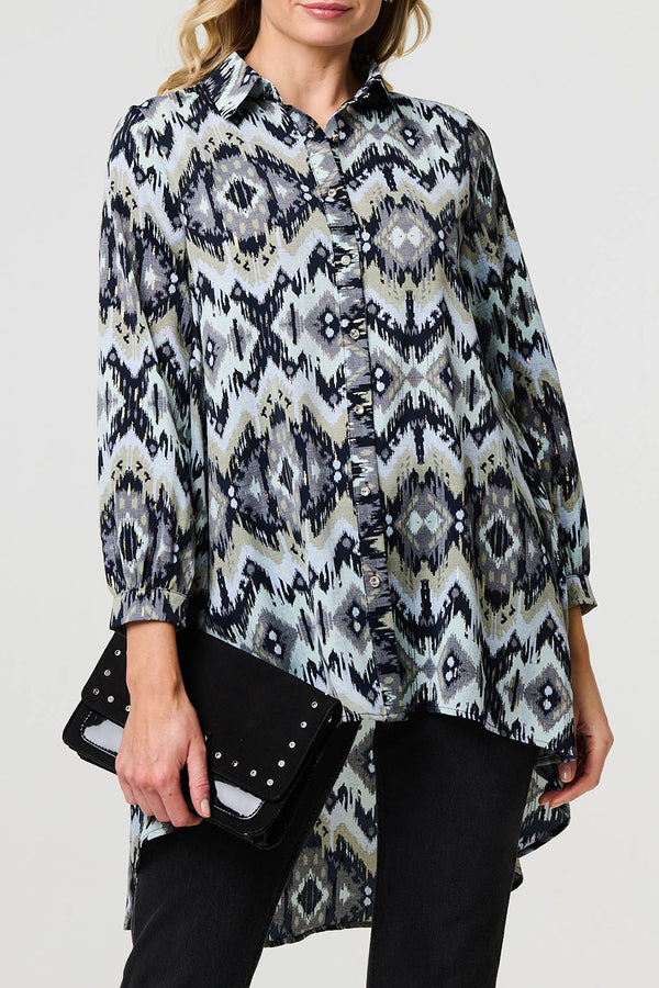 MULTI BLACK | Printed Long Sleeve High Low Shirt