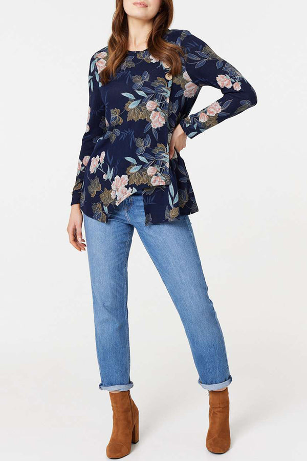 MULTI NAVY | Floral Button Detail Wrap Front Top