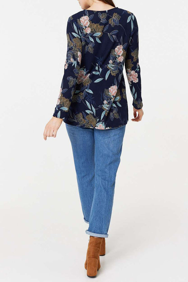 MULTI NAVY | Floral Button Detail Wrap Front Top
