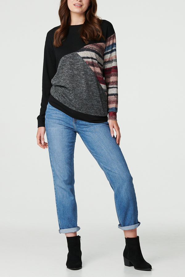 MULTI BLACK | Striped Colour Block Relaxed Top