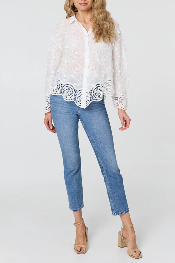 Lace Sheer Texture Hem Long Sleeve Shirt| WHITE