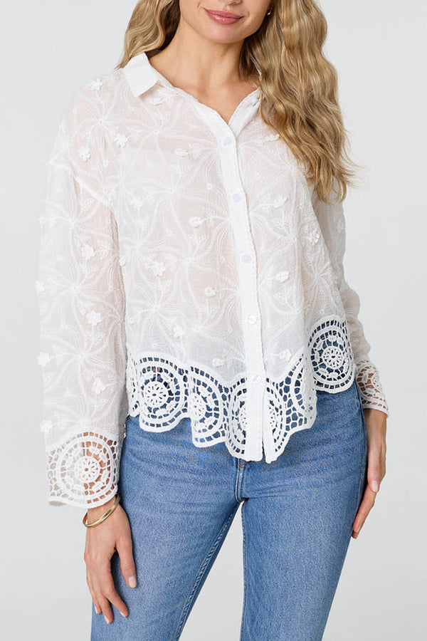 Lace Sheer Texture Hem Long Sleeve Shirt| WHITE