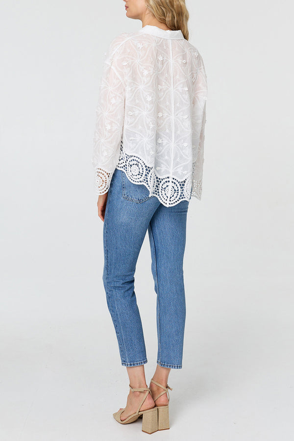 Lace Sheer Texture Hem Long Sleeve Shirt| WHITE